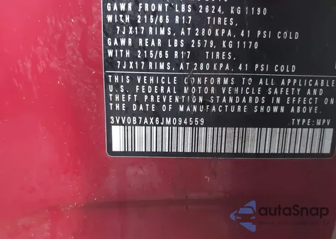 2018 Volkswagen Tiguan 2.0T S z USA, uszkodzony, nr VIN 3VV0B7AX6JM094559